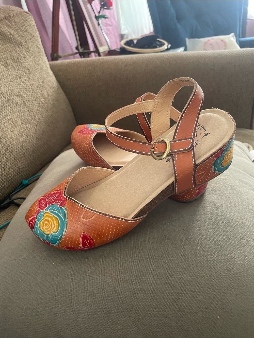 Brown Floral Embroidered Ankle-Strap Flats - Women's by Spring Step - Picture 2 of 9